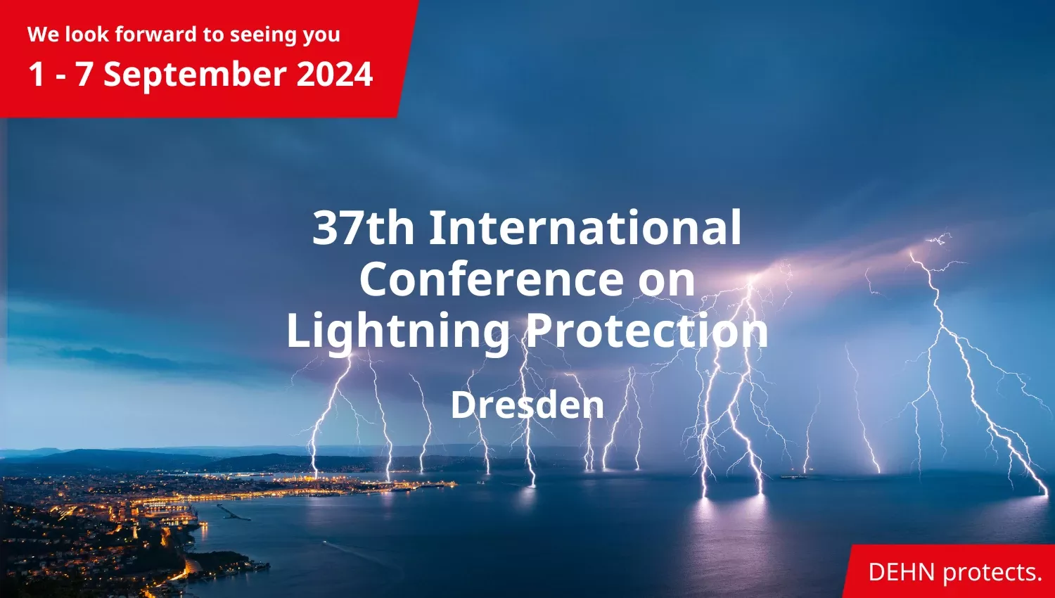 Promotional banner showing lightning over a city with text: "37th International Conference on Lightning Protection"